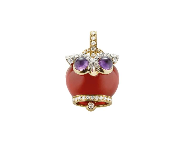 CAMPANELLA OWL CHARM IN 18KT YELLOW GOLD, DIAMAONDS, CARNELIAN AND AMETHYST CHANTECLER 36287